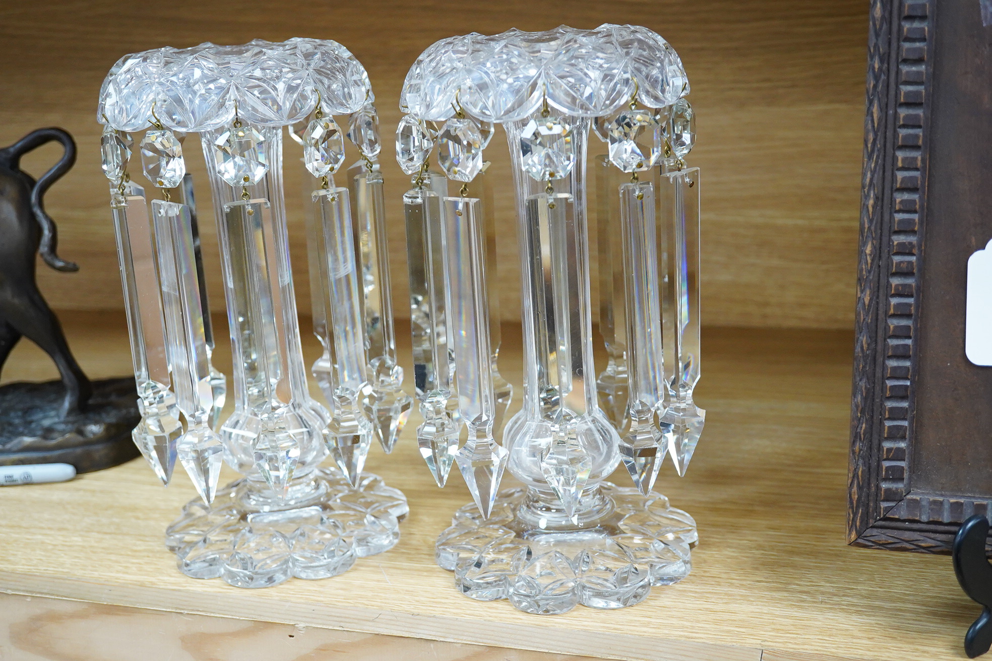 A pair of Victorian glass table lustres with drops, 26cm high